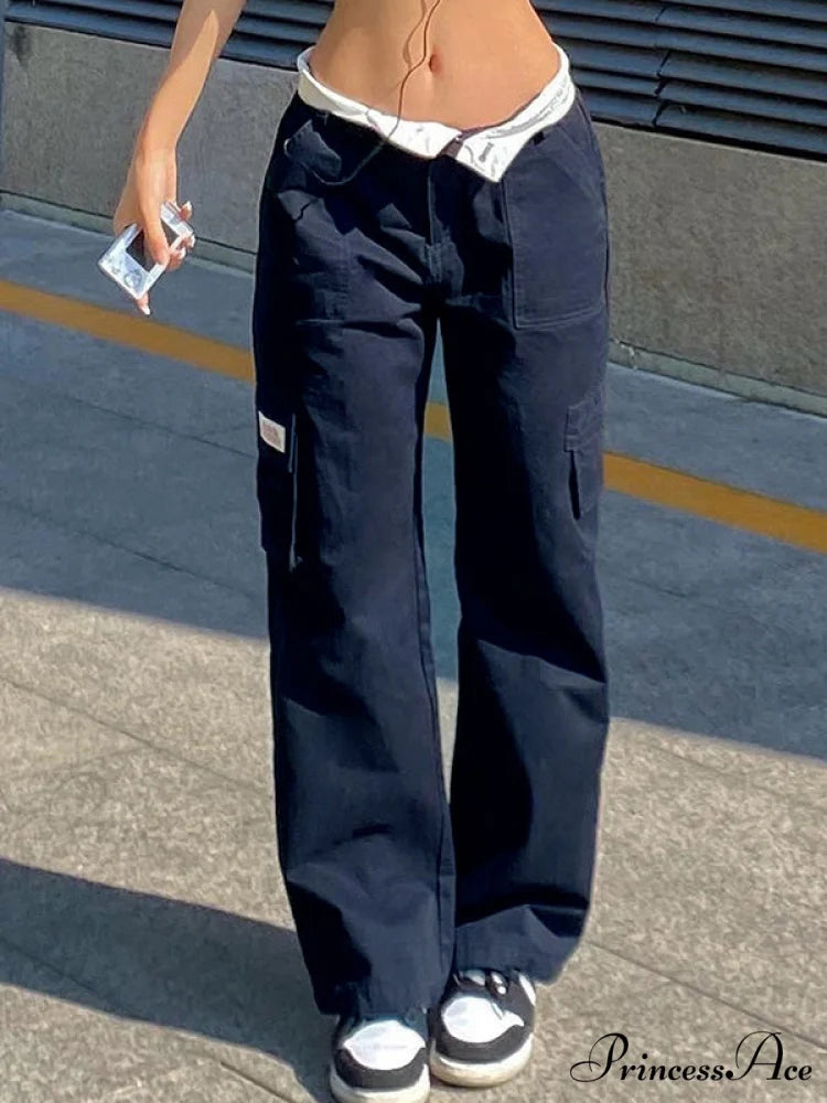 Fold Over Buckle Trendy Belt Denim Mini Skirt Navy Blue / S