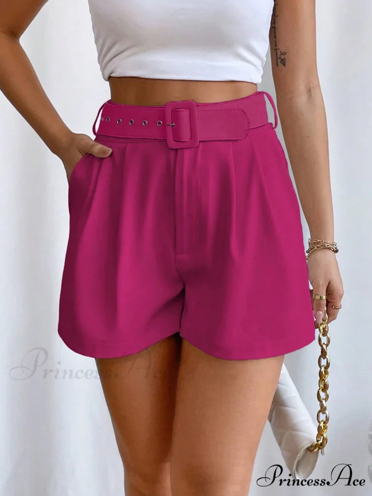 Fold Pleated Belted Wide Leg Shorts Hot Pink / XS