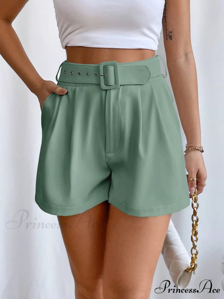 Fold Pleated Belted Wide Leg Shorts Mint Green / XS
