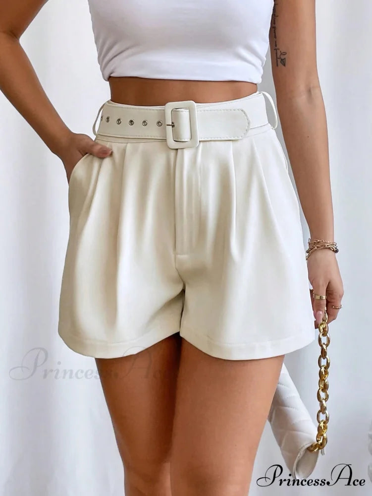 Fold Pleated Belted Wide Leg Shorts White / XS
