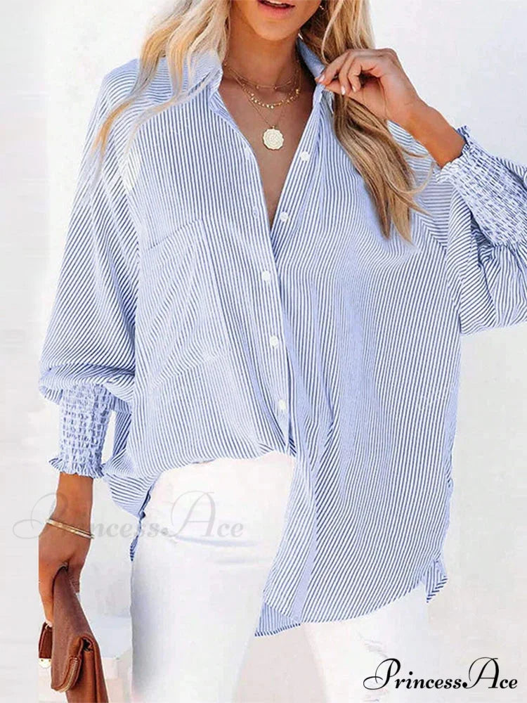 Folded Collar Neck Lantern Sleeve Blouse Blue / S blouse-250126