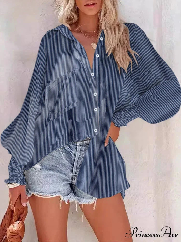 Folded Collar Neck Lantern Sleeve Blouse Dark Blue / S blouse-250126