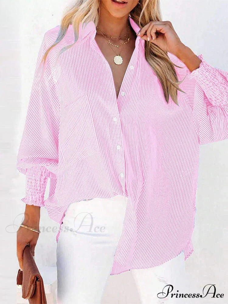 Folded Collar Neck Lantern Sleeve Blouse Pink / S blouse-250126