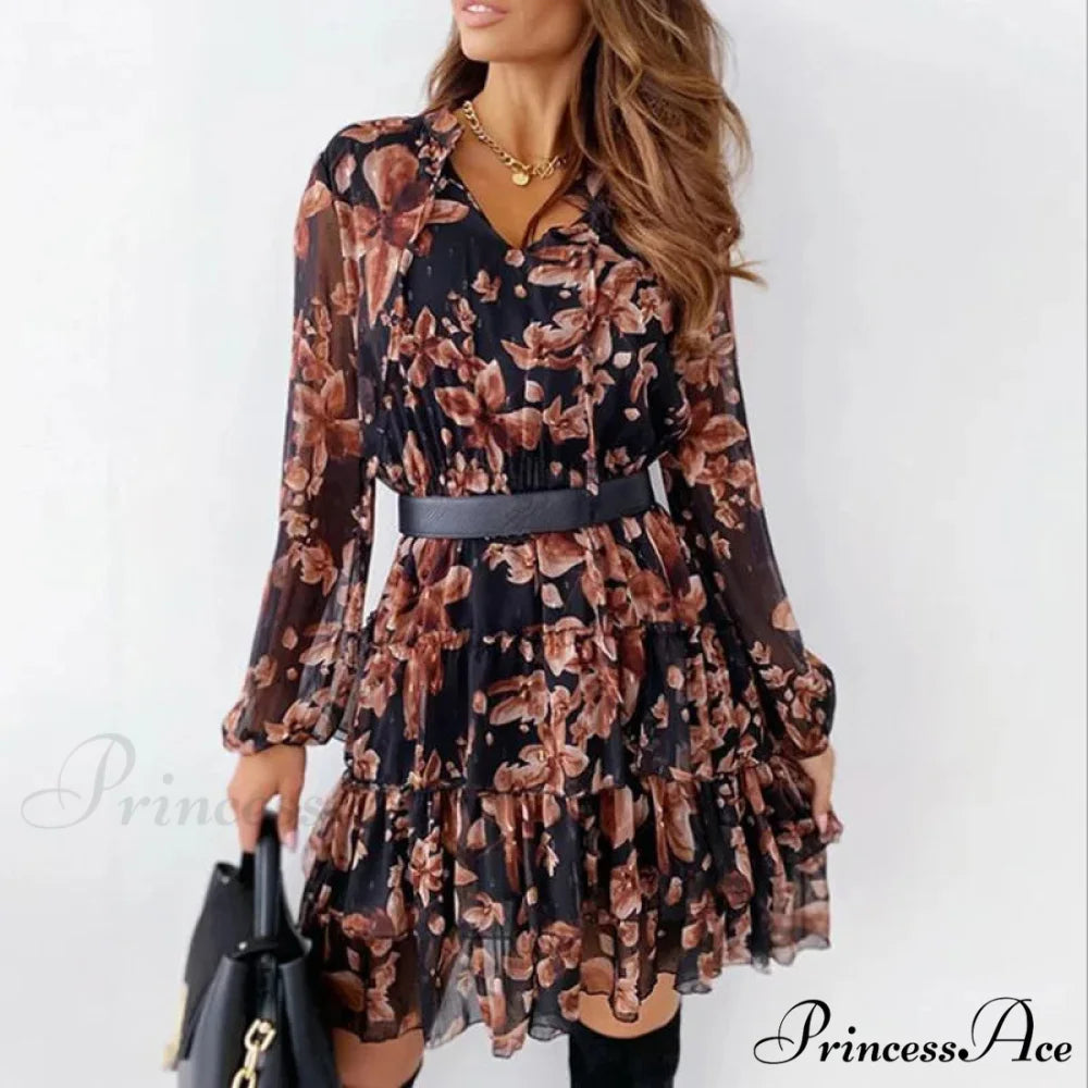 Folded Flower V-neck Extended Sleeve Enveloped Flower Dress Black / S oldfloraldress-250126