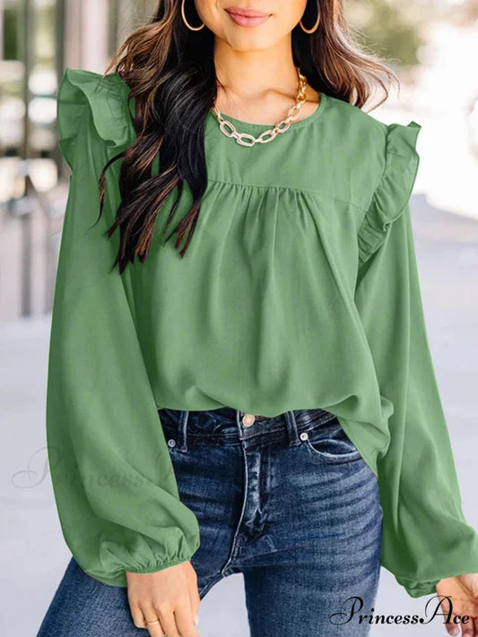 Folded Front Lantern Sleeve Informal Stylish Blouse Green / S blouse-250126