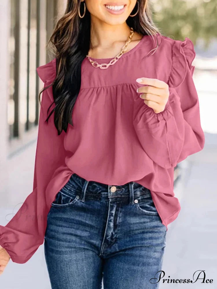 Folded Front Lantern Sleeve Informal Stylish Blouse Pink / S blouse-250126