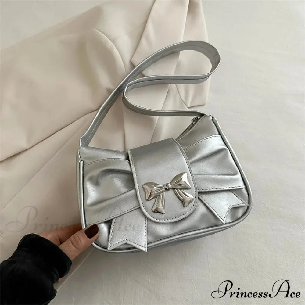 Folded Korean Bow Shoulder Bag for Women Silver shoulder-250126