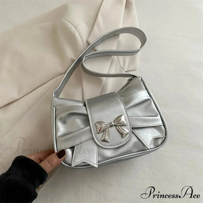 Folded Korean Bow Shoulder Bag for Women Silver shoulder-250126