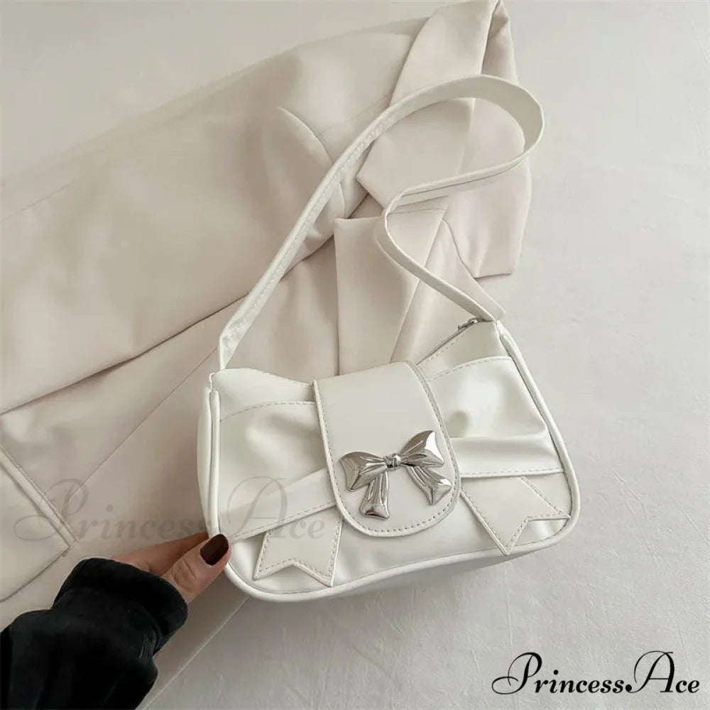 Folded Korean Bow Shoulder Bag for Women White shoulder-250126