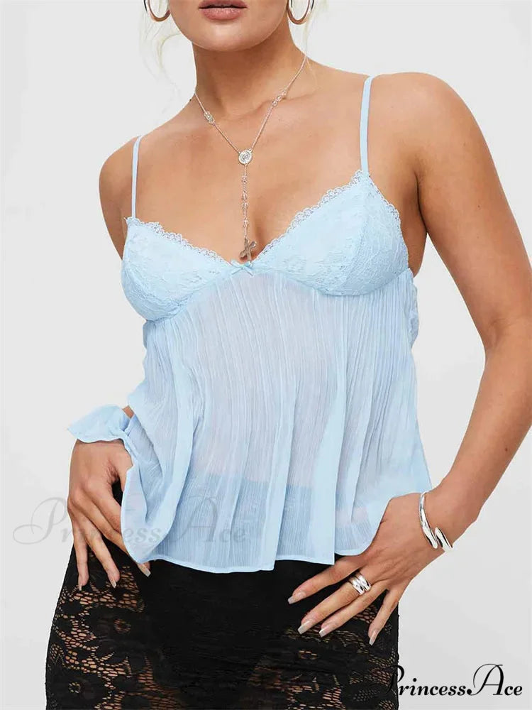 Folded Ribbon Lace Transparent Crop Top BLUE / S croptop-250126