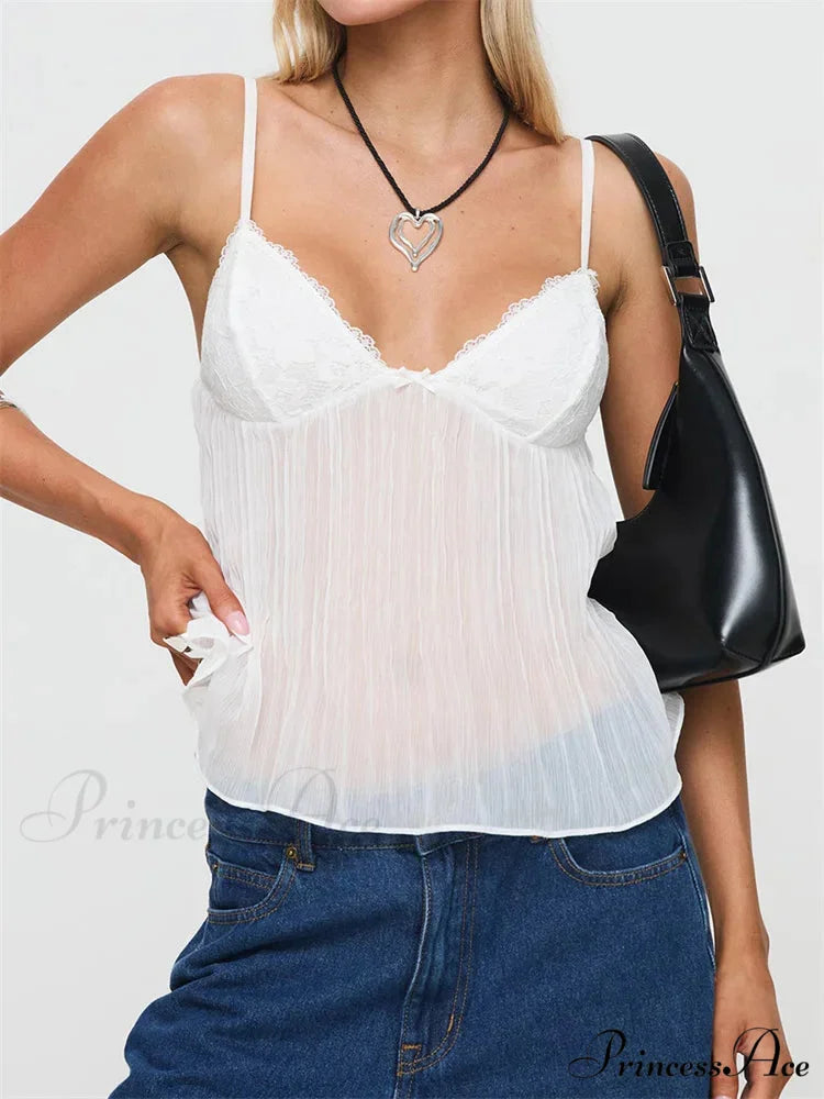 Folded Ribbon Lace Transparent Crop Top WHITE / S croptop-250126