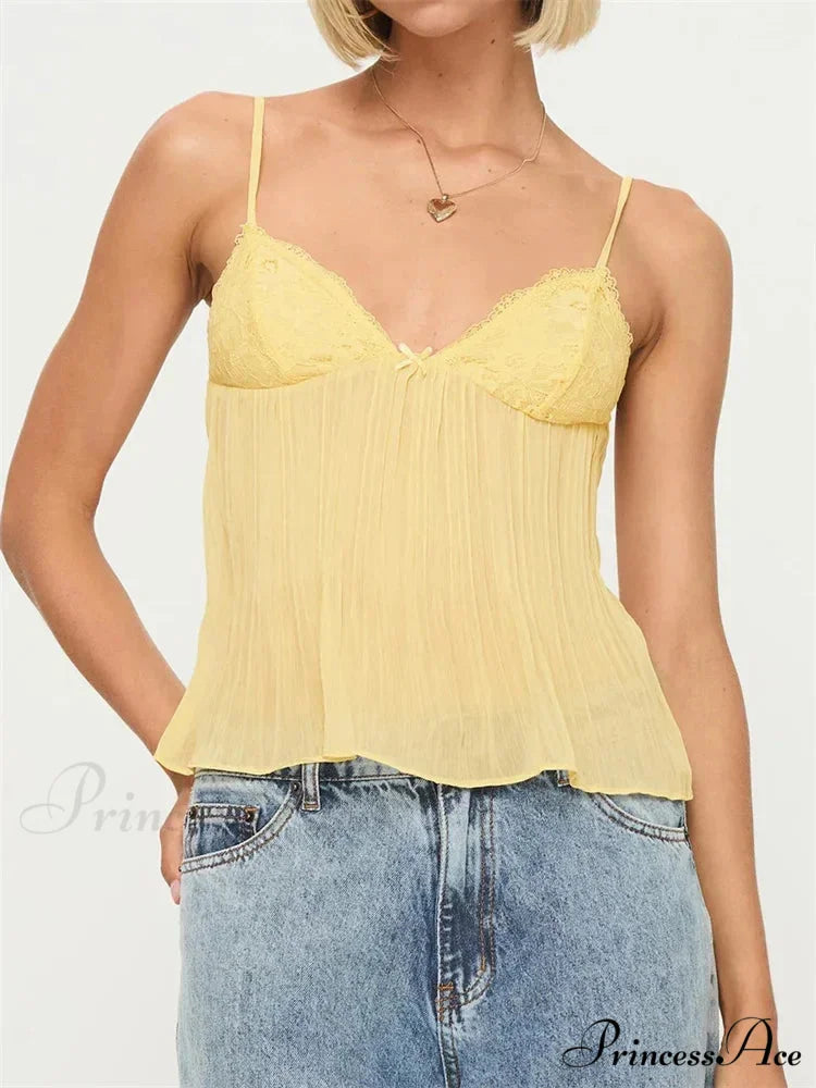 Folded Ribbon Lace Transparent Crop Top YELLOW / S croptop-250126