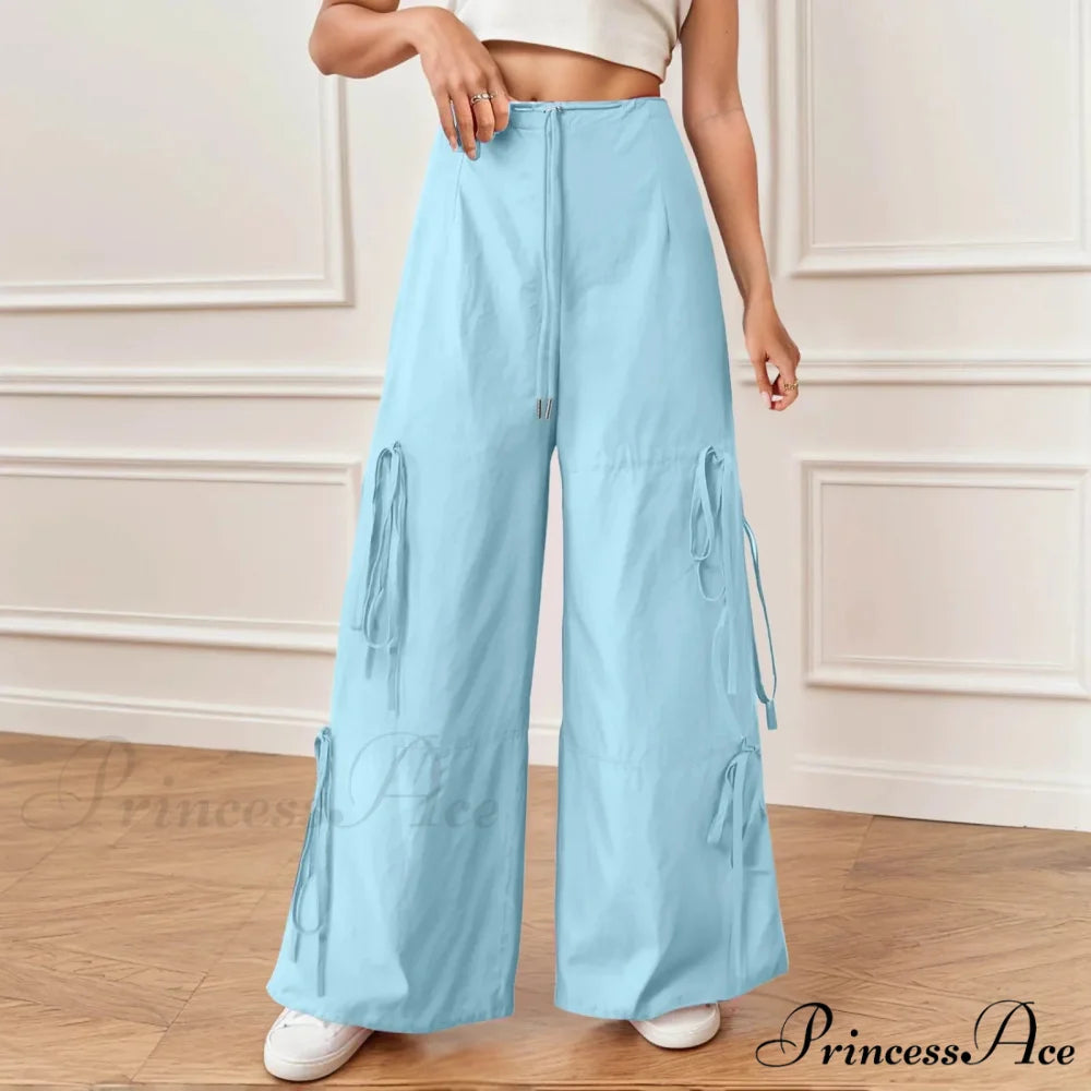 Folded Wide Leg Athletic Bow Tie Trousers Blue / S pants-241228