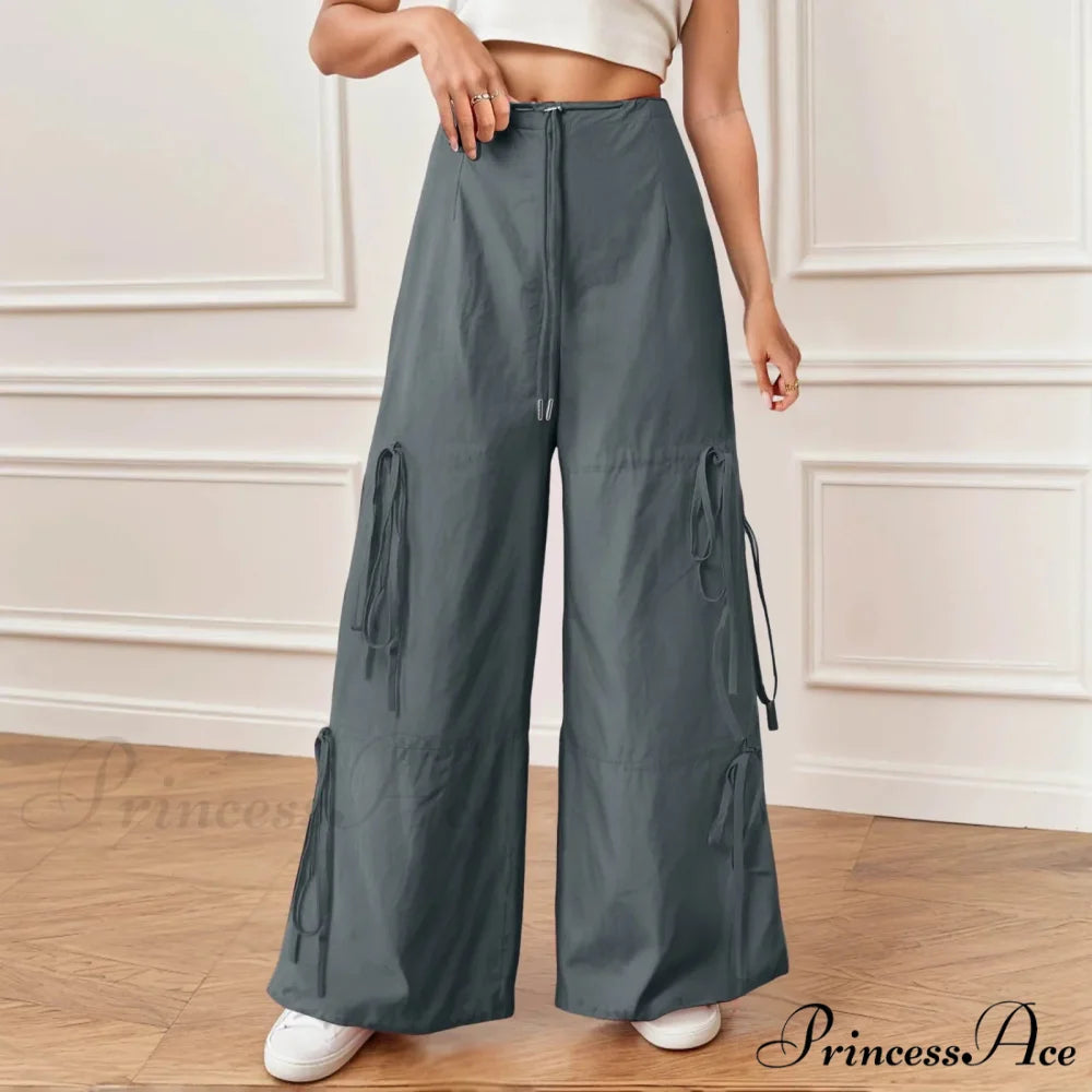 Folded Wide Leg Athletic Bow Tie Trousers Grey / S pants-241228