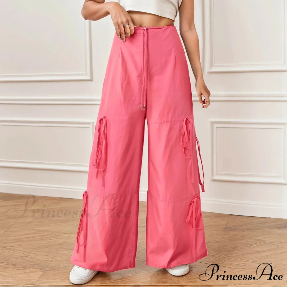 Folded Wide Leg Athletic Bow Tie Trousers Hot Pink / S pants-241228