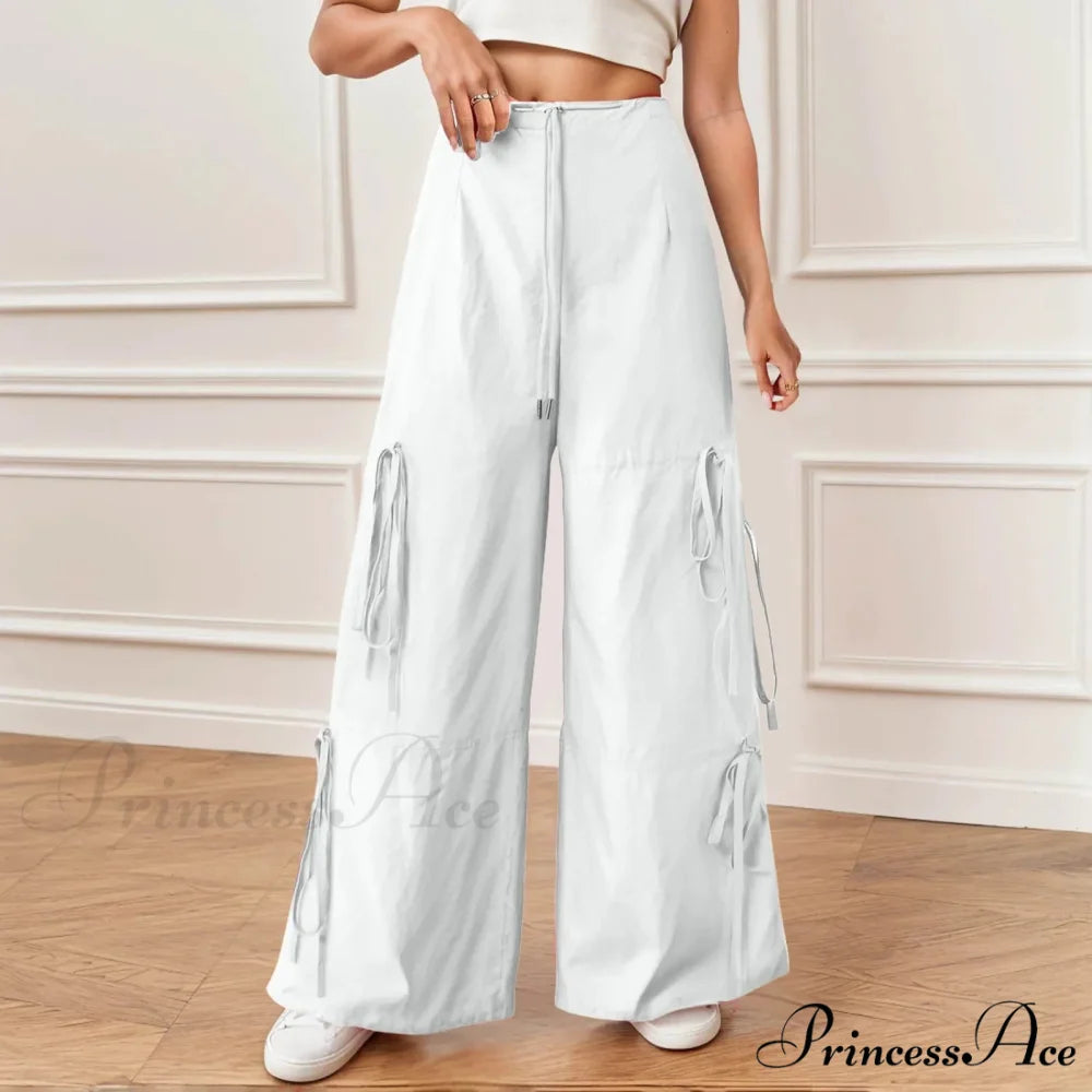 Folded Wide Leg Athletic Bow Tie Trousers White / S pants-241228