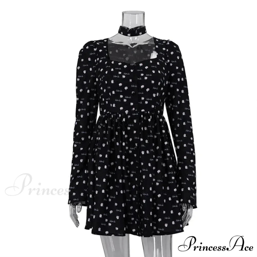 Folds Print 2024 Summer Casual Long Sleeve France Retro Femme Street Elegant Female Floral Dress Black / S