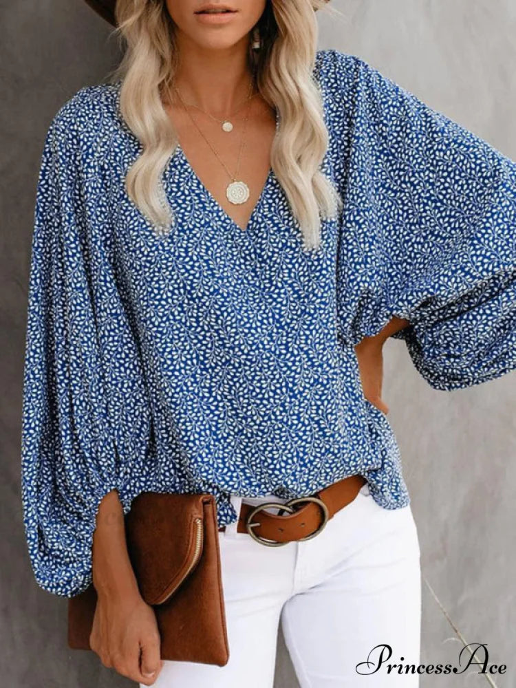 for Blouse Arm Flowered Long Women Blue / S