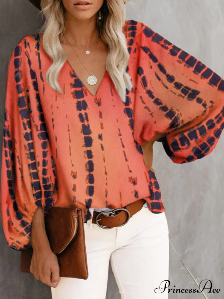 for Blouse Arm Flowered Long Women Orange Red / S