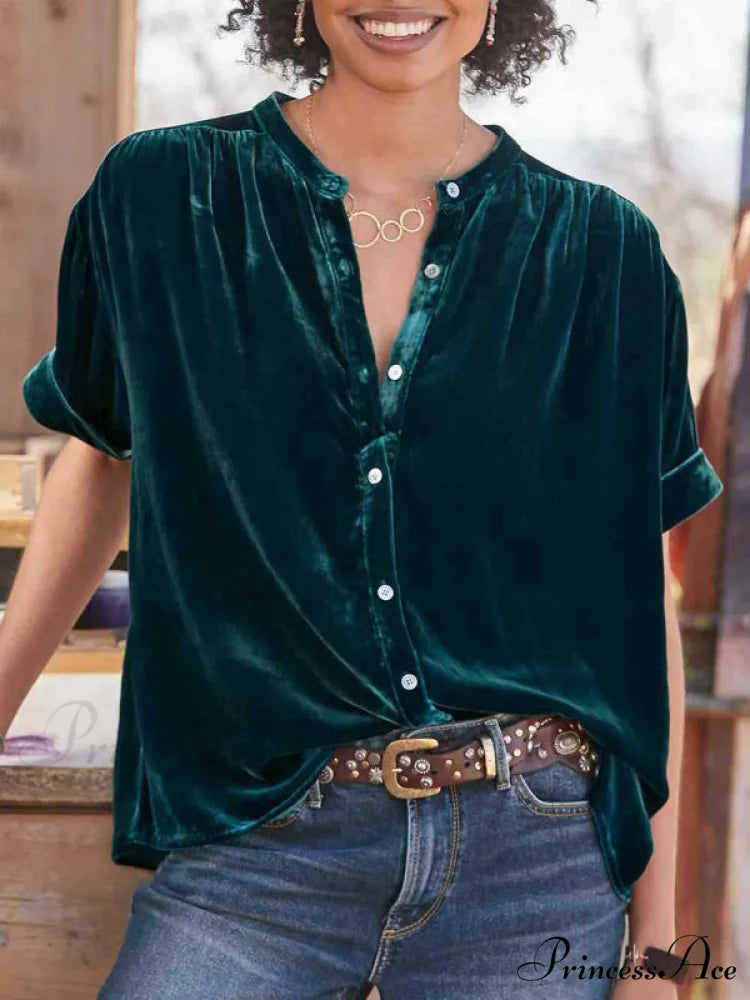 for Blouse Button-up Velvet Plush Women Green black jasper / S