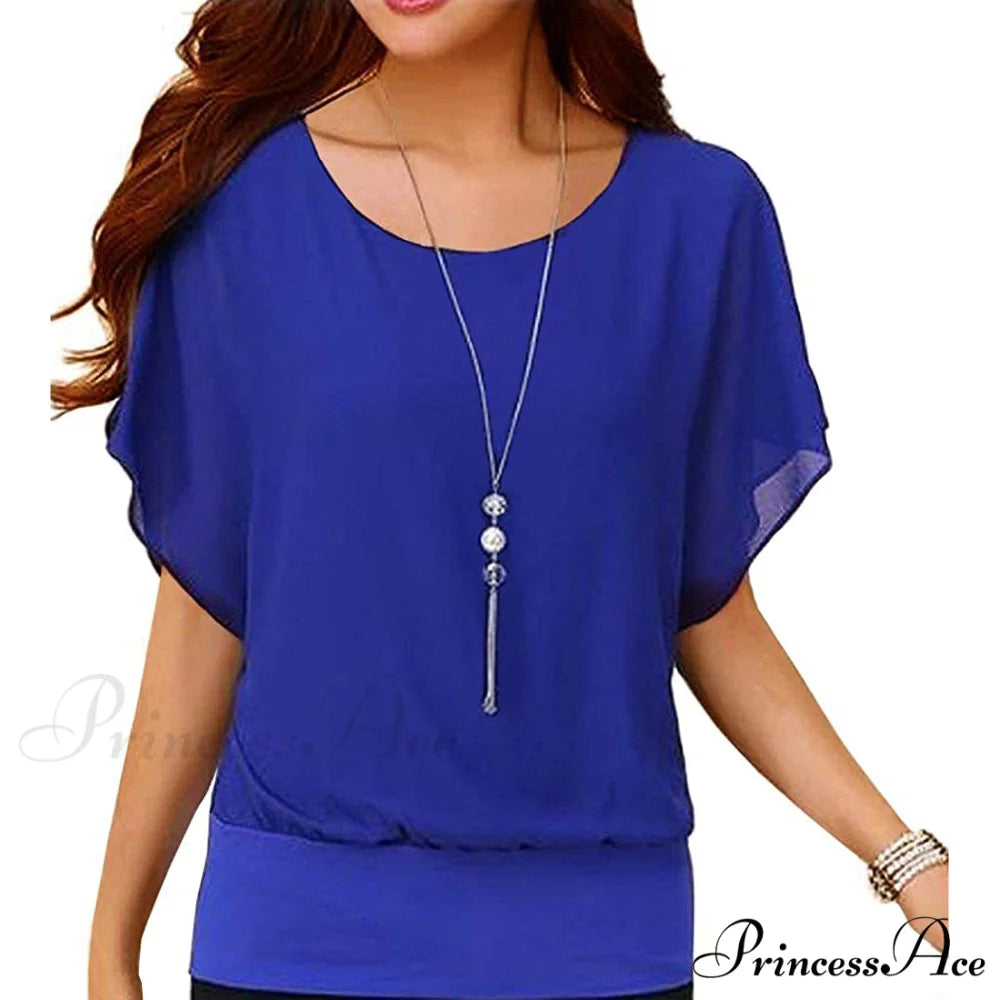 for Chiffon Blouse Casual T-Shirt Top Brief Arm Women Blue / S