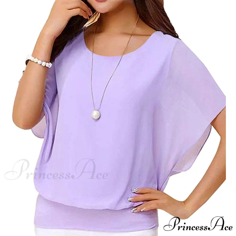 for Chiffon Blouse Casual T-Shirt Top Brief Arm Women Purple / S