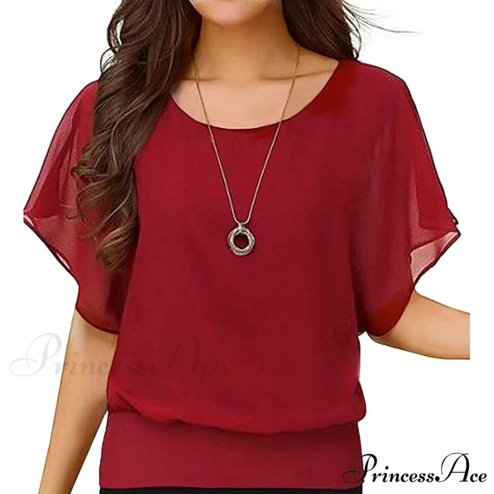 for Chiffon Blouse Casual T-Shirt Top Brief Arm Women Red / S