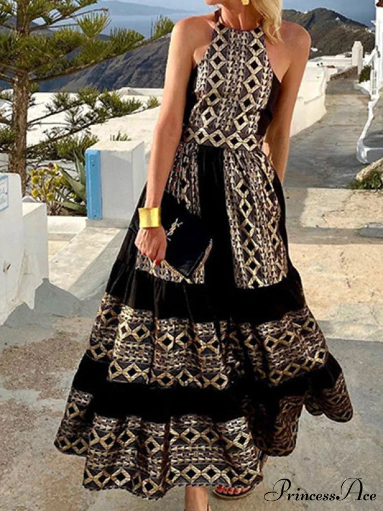 for Gown Patterned Tiered Full-Length Women Black / S