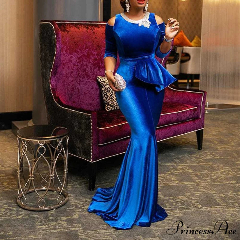 for - Mermaid - Full-Length Ruffle Formal Velvet Evening Vintage Party Long Women Gown Peplum with Gown Blue Dress Blue