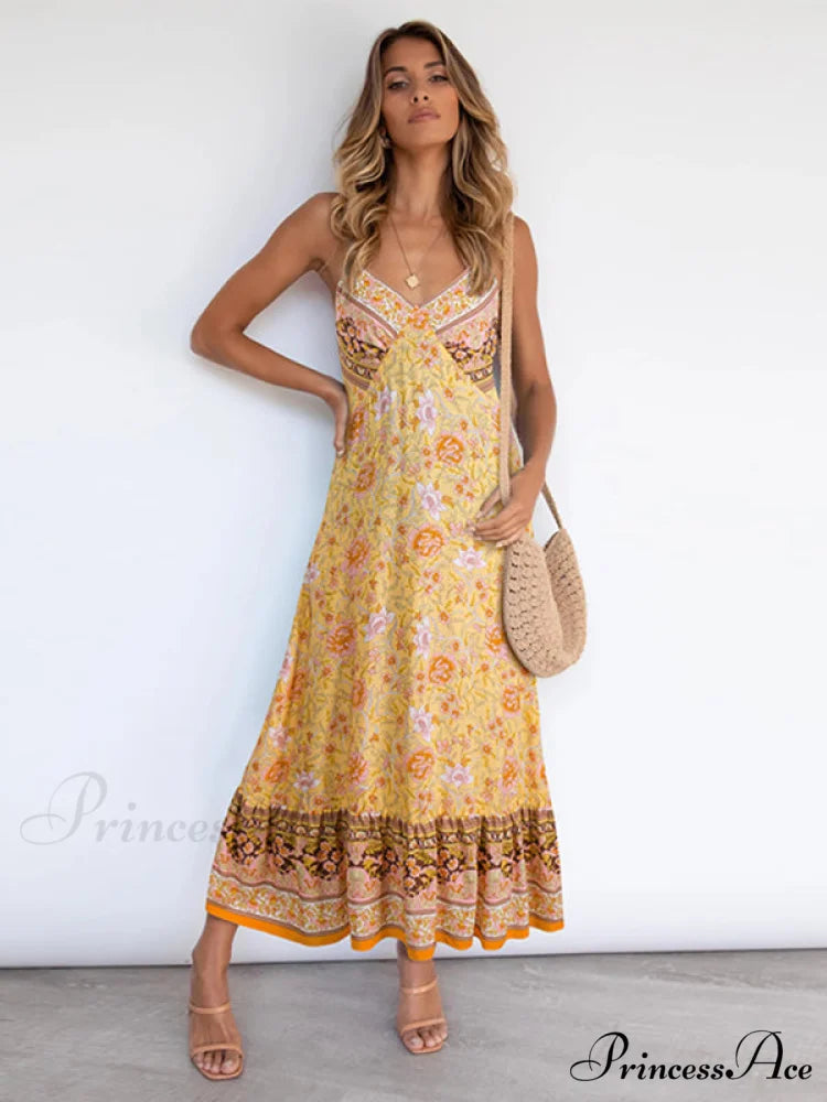for Suspender Gown Flowered Bohemian Women Yellow / S