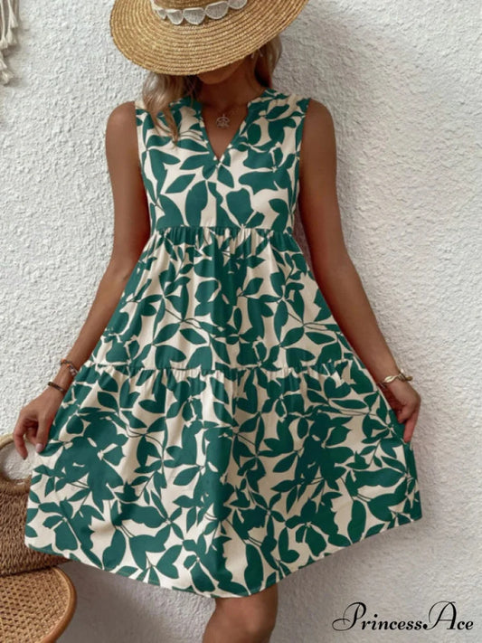 for Tiered Design Sleeveless Minidress Flowered Ruffle Women Green / S