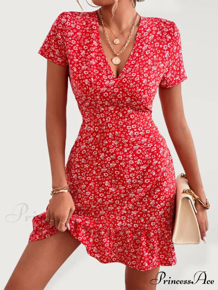 for V Arm Patterned Brief Gown Neck Woven Women Red / S