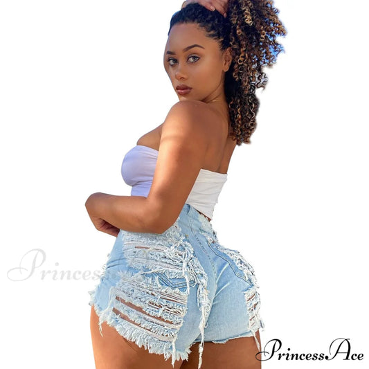 for Warm-Season Waist High Denim Hole Pants Out Ripped Hollow Shorts Women Blue / S