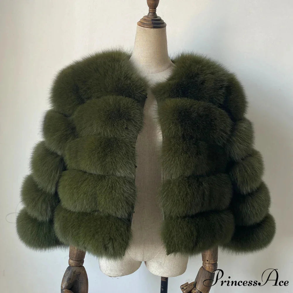Fox Fur Winter Chilly Weather Coat army green / S coats-241228