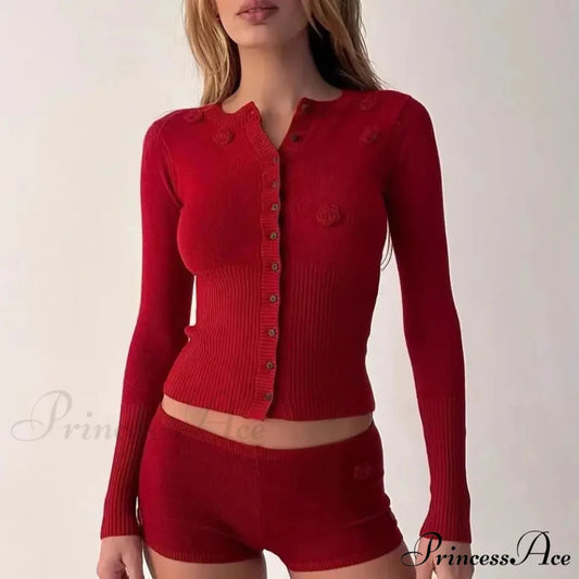 Frankies Red Handmade Flower Cardigan Red / XS