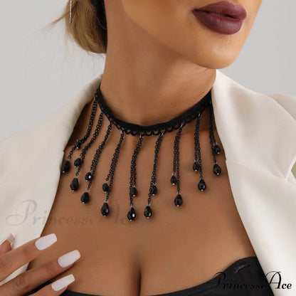 French Black Crystal Gothic Water Drop Tassel Lolita Lace Necklace BLACK