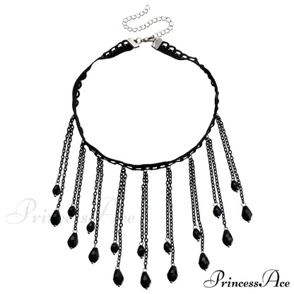 French Black Crystal Gothic Water Drop Tassel Lolita Lace Necklace BLACK
