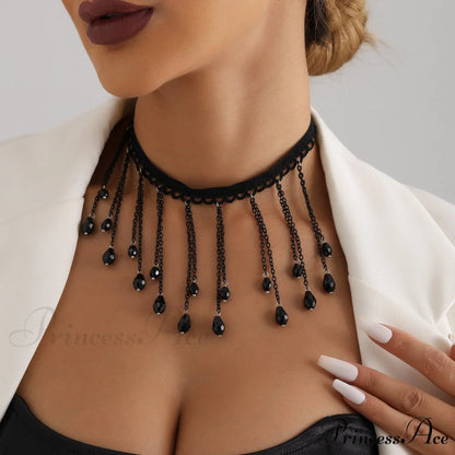 French Black Crystal Gothic Water Drop Tassel Lolita Lace Necklace BLACK