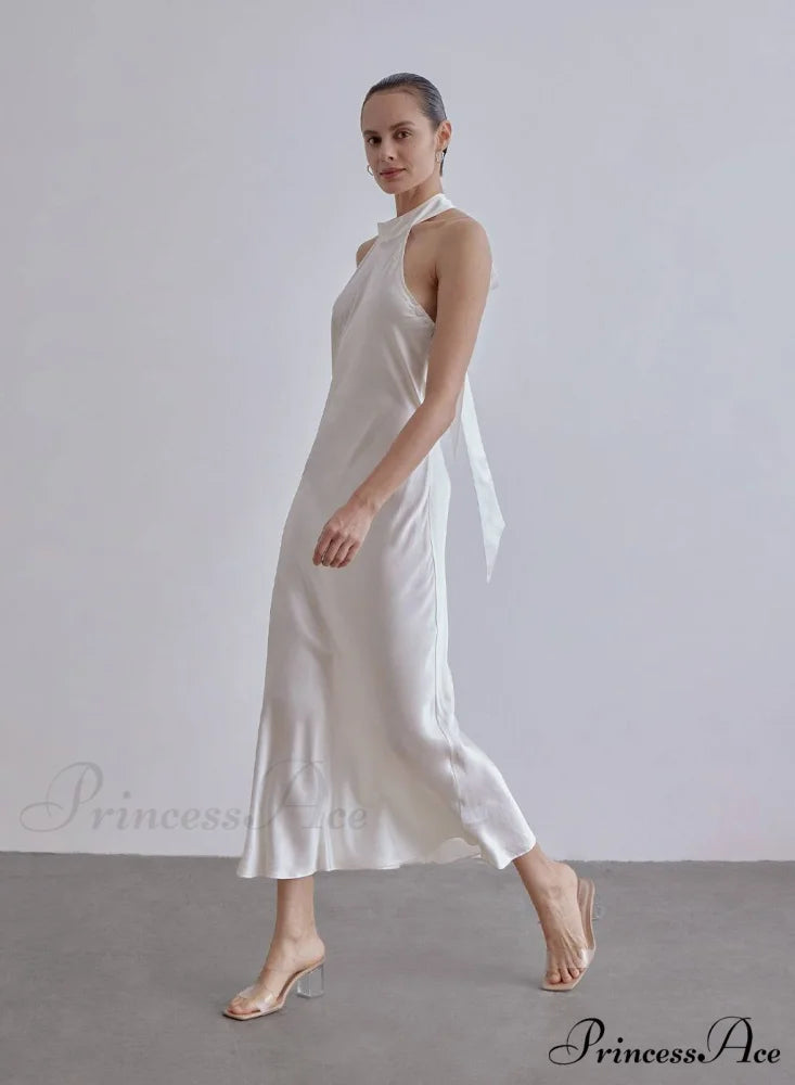 French Bow Halterneck Charming Silk Maxi Dress