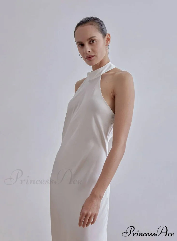 French Bow Halterneck Charming Silk Maxi Dress