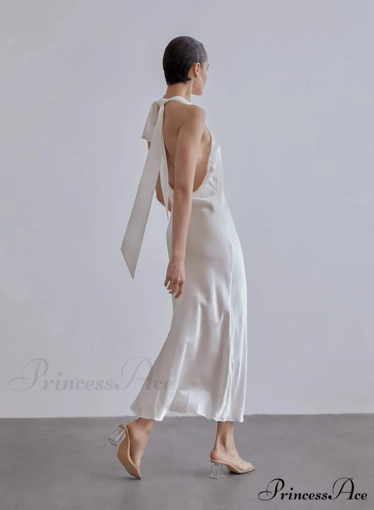 French Bow Halterneck Charming Silk Maxi Dress 30 Days / 8 / M / White