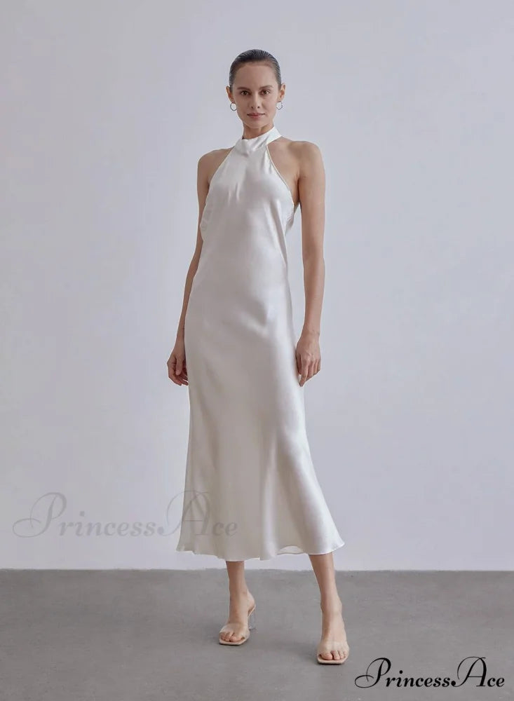 French Bow Halterneck Charming Silk Maxi Dress 4 Days / 8 / M / White