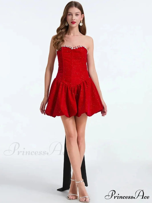 French Bow Strapless Party Dress red / S