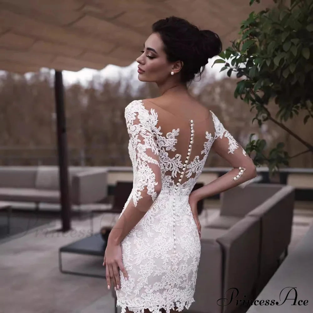 French Deep Neck Long Sleeve Marriage Gown lvory white / 2 weddingdress-250223