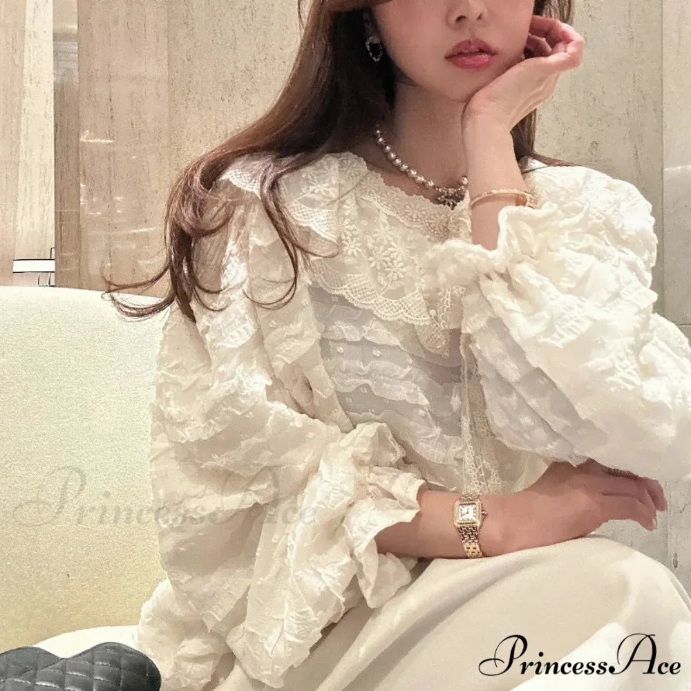 French Fashion Lace Up Baggy Top WHITE / One Size blouse-250223