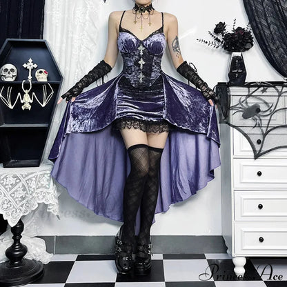 French Fashion Purple Slim Sling Trailing Gothic Dark High Waist Irregular Fairy Grunge Dress PURPLE / S