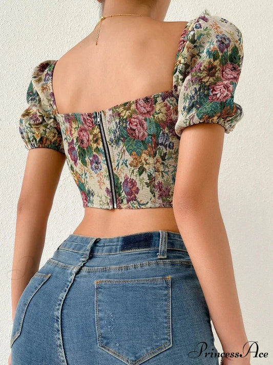 French Flowery Corset Lace Up Bustier Crop Top croptop-250126