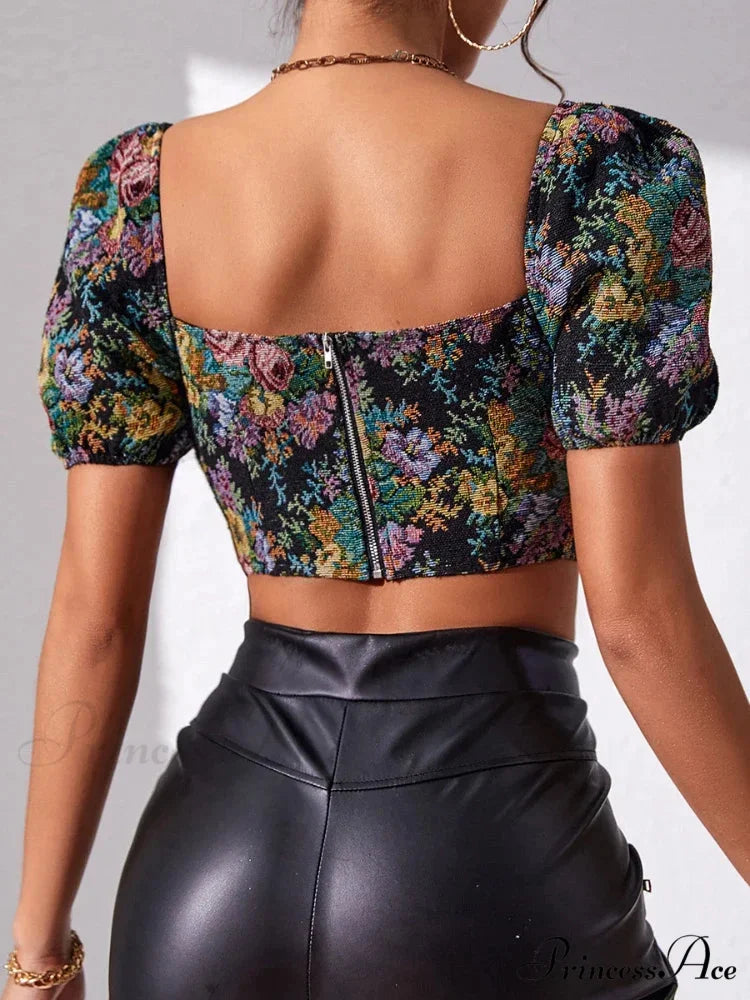 French Flowery Corset Lace Up Bustier Crop Top croptop-250126