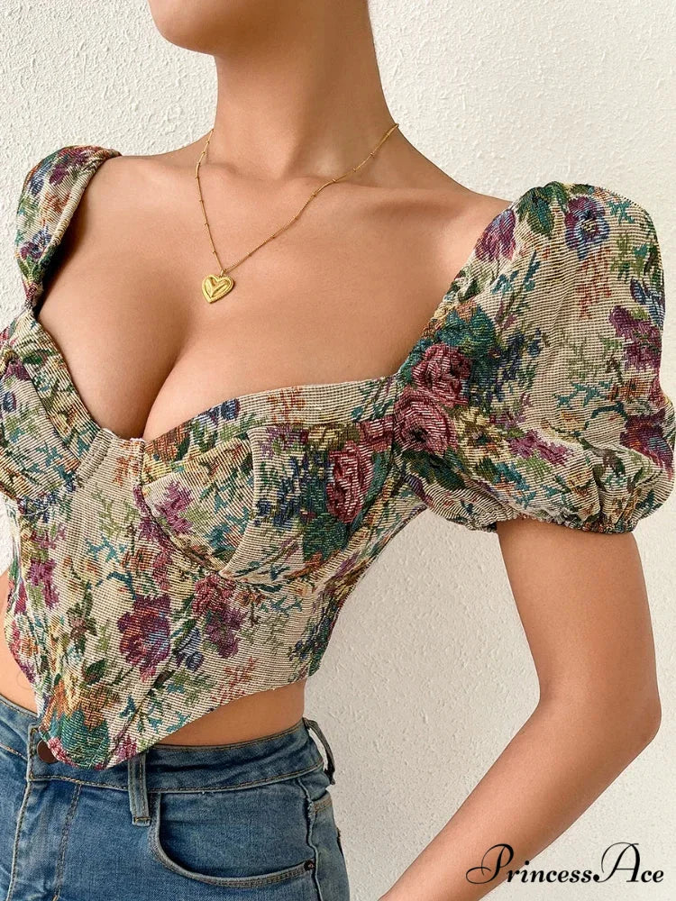French Flowery Corset Lace Up Bustier Crop Top croptop-250126