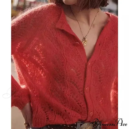 French Hollow Out Loose Red Mohair Cardigan Red / S